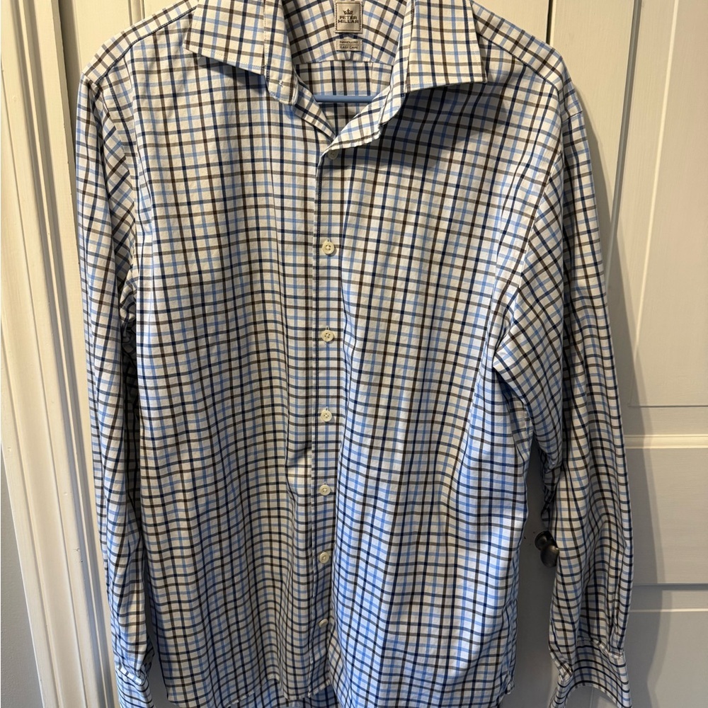 Peter Millar Light Blue and Dark Brown Checkered Shirt EUC worn 1x
